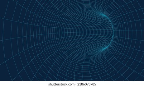 Futuristic blue funnel. Wireframe space travel tunnel. Abstract blue wormhole with surface warp. Vector illustration.