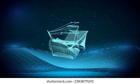 A futuristic blue galleon sails the holographic sea with hexagonal laser projection.