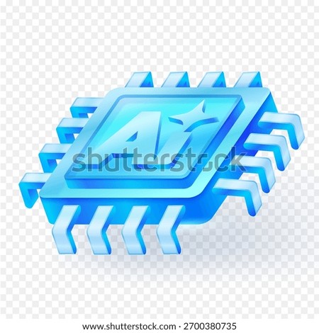 Futuristic blue glass AI microchip icon with a modern 3D look, symbolizing artificial intelligence, digital technology, innovation, and high-tech processing. Vector illustration.