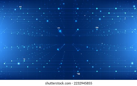 Futuristic Blue Glow Horizontal Line Technology Futuristic with Digital Number Display Perspective Grid, Wireframe Dynamic Data Communication Transfer Concept Vector Background.