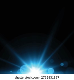 Luz brillante azul futurista con reflejos transparentes, rayos radiantes y chispas bokeh. Efecto estrella luminoso para un diseño abstracto moderno y superposiciones de lujo.