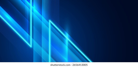  Líneas brillantes azules futuristas en fondo abstracto oscuro de la tecnología