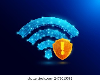 Futuristic blue glowing low polygonal Wi-Fi symbol signal and orange shield with exclamation mark inside. Free internet zone hotspot. Smart wireless networking digital technology innovation. Vector.