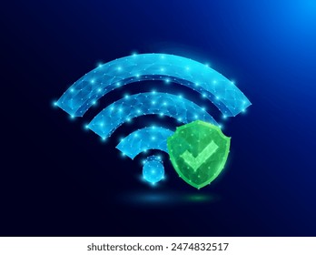 Señal de símbolo Wi Fi poligonal baja brillante azul futurista y escudo verde con marca de verificación en el interior. Zona de internet gratuita. Innovación en tecnología digital de redes inalámbricas inteligentes. Vector EPS10.