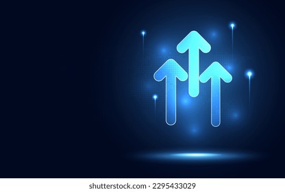 Futuristic blue glowing raised triple-up arrow chart digital transformation abstract technology background. Big data and business growth currency stock and investment economy. Vector illustration