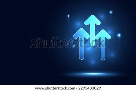 Futuristic blue glowing raised triple-up arrow chart digital transformation abstract technology background. Big data and business growth currency stock and investment economy. Vector illustration