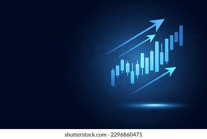 Futuristic blue glowing rising arrow chart digital transformation abstract technology background. Big data and business growth currency stock and investment economy. Vector illustration