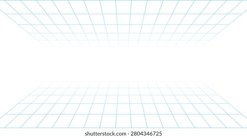 Futuristic blue grid line background template. Minimalist dual horizon perspective grid, retro cyber technology white space texture vector graphic element
