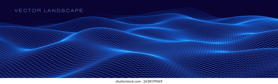 Futuristic Blue Grid Waves on Dark Background, Abstract Technology Mesh Terrain, Digital Landscape, Sci-Fi Wireframe Surface, Vector Illustration