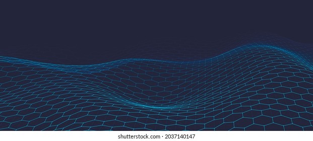 Onda dinámica hexagonal azul futurista. Concepto futurista de panal de miel. Flujo web de tecnología digital. Gran visualización de datos. Ilustración vectorial.