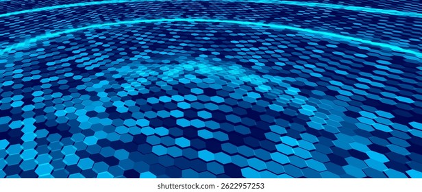 Futuristic Blue Hexagon Grid with Wave Distortion Effect. Abstract Tech Terrain Background Ideal for Data Visualization, Blockchain, AI, and Digital Networks. Vector Illustration.