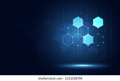 Futuristic blue hexagon honeycomb abstract technology background. Artificial intelligence digital transformation and big data concept. Business quantum internet network communication concept