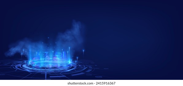 Futuristic Blue Holographic Interface Background. Glowing blue lights and holographic elements on a dark backdrop. Magic fantasy portal. Futuristic teleport. Light effect.