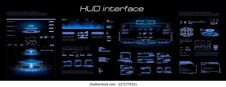 Futuristic blue HUD interface. Custom panel with blue portal hologram and object scanning feature. Virtual graphical user interface for video games