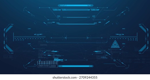 Interfaz azul futurista del HUD con los Elementos de la tecnología digital, las barras de datos, los iconos de la advertencia y los gráficos holográficos de la interfaz de usuario en fondo abstracto oscuro