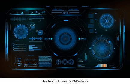 Interfaz de HUD azul futurista con Elementos de tablero digital, pantallas de radar, gráficos de datos y panel de control de ciencia ficción. Interfaz de usuario virtual de alta tecnología con Elementos holográficos de interfaz de usuario, gráficos de análisis y fondo de tecnología. Moderna pantalla de infografía de estilo cyberpunk adecuada para la interfaz de usuario de juegos