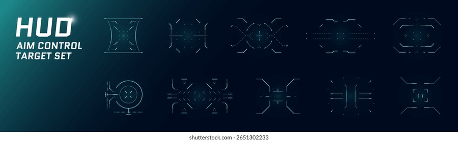 Interfaz de HUD azul futurista con blanco brillante en el punto de mira. El diseño del alcance circular imita el visor de francotirador. Estilo de tecnología de neón perfecto para juegos de ciencia ficción o pantallas de temática militar. Vector gráfico.