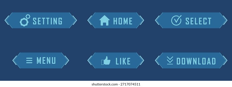 Botões de interface azul futurista com brilho de néon para definir, home, selecionar, menu, curtir e baixar funções
