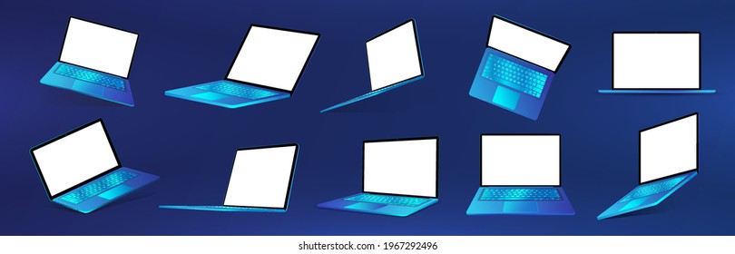 Futuristic blue laptop collection. 3D realistic gadgets with futuristic colors. Laptops, netbooks in different angles, side, top view and isometric. Mockups gadgets. Vector futuristic set