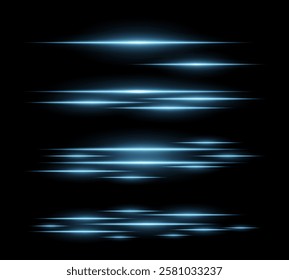 Futuristic blue light streaks set. Glowing horizontal laser beams with motion blur on a dark background. Sci-fi energy lines, cyberpunk style, digital speed effects, and modern technology aesthetics.