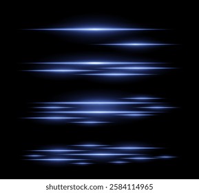 Futuristic blue light streaks set. Glowing horizontal laser beams with motion blur on a dark background. Sci-fi energy lines, cyberpunk style, digital speed effects, and modern technology aesthetics.