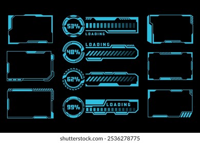 Futuristische blaue Ladebalken und Rahmen Hud-Elemente. High Tech Holografische Benutzeroberfläche, Vektorgrafik