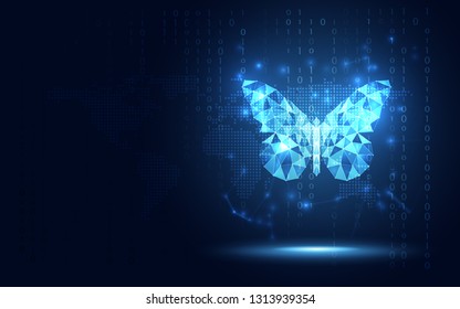 Futuristic blue lowpoly Butterfly abstract technology background. Artificial intelligence digital transformation and big data concept. Business quantum internet network communication evolution concept