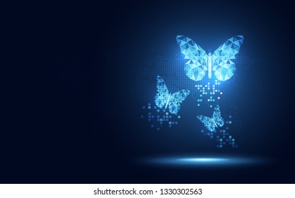 Futuristic blue lowpoly Butterfly abstract technology background. Artificial intelligence digital transformation and big data concept. Business quantum internet network communication evolution concept