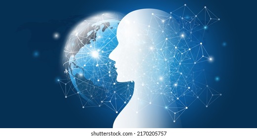 Futuristic Blue Machine Learning, Artificial Intelligence, Cloud Computing and Networks Design Concept with Earth Globe, Geometric Polygonal Network Mesh, Glowing Nodes and Human or Robot Silhouette