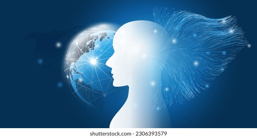 Futuristic Blue Machine Learning, Artificial Intelligence, Cloud Computing and Networks Design Concept with Earth Globe, Geometric Polygonal Network Mesh, Glowing Nodes and Human or Robot Silhouette