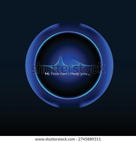 Futuristic blue multicolored element of smart Virtual Assistant icon. AI assistant concept: search bubble, machine learning nodes, neural networks, artificial intelligence core. Features voice communication with dynamic sound bubble and wave equalizer visuals. Neon glowing effects, holographic style on futuristic background. Perfect for chatbots, voice apps, tech UI, UX, digital assistants or sci-fi illustrations. 