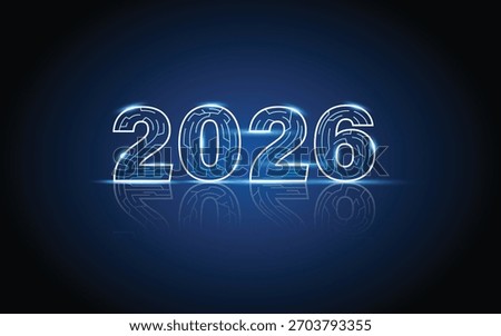 Futuristic blue neon 2026 typography with glowing light effects on dark background