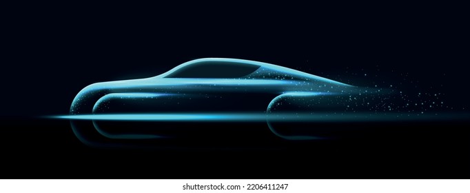 Futuristic blue neon car. Abstract poster or banner for website. Modern technologies and innovations, digital world. Bright and shiny object, symbol of speed. Cartoon flat vector illustration