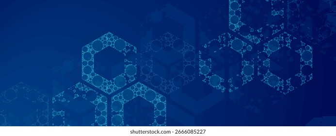 Futuristisch blau neon sechseckiger Rahmen mit chaotischer kreisförmiger Spitze innen. Abstrakter geometrischer Gittervektor-Hintergrund für Poster, Cover, Webbanner, Flyer und digitale Design-Anwendungen.