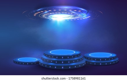 Futuristic blue neon light portal. Circle Sci-fi elements with light and lights. Blue cylinder template. Base stand futuristic modern podium or studio pedestal round platform showroom. Vector