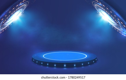 Futuristic blue neon light portal. Circle Sci-fi elements with light and lights. Blue cylinder template. Base stand futuristic modern podium or studio pedestal round platform showroom. Vector