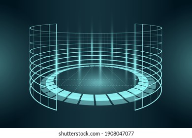 Futuristic blue neon light virtual reality arena. Abstract circle sci-fi elements cyberspace portal. VR cylinder platform podium. Teleport digital pedestal. Base stand template vector eps illustration