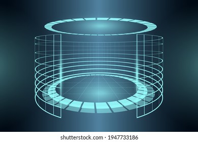 Futuristic blue neon light virtual reality ring. Abstract circle sci-fi elements cyberspace portal. VR cylinder platform podium. Teleport digital pedestal. Base stand arena template illustration