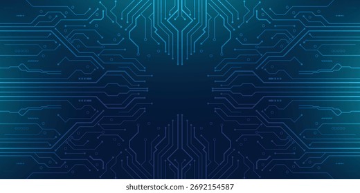 Futuristic blue PCB circuit board technology background with digital connections.