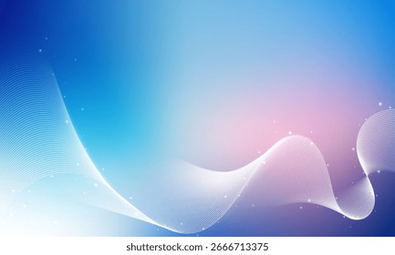 Fundo azul e rosa futurista com linhas onduladas e reflexões de luz. Padrão abstrato com linhas brancas brilhantes.