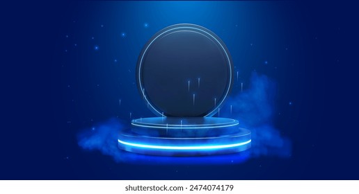 Futuristisches blaues Podium mit Neonleuchten auf einem Sternenhimmel. Futuristisches blaues Podium mit Neonleuchten auf einem Sternenhimmel. Perfekt für technische Designs, Präsentationen. Vektorillustration