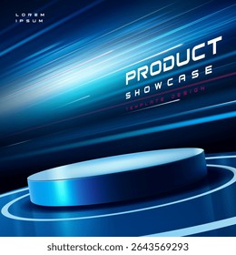 Futuristic Blue product display podium showcase with glowing speedline light rays. Modern advertiment template and background.