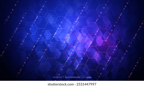 Fondo azul y púrpura futurista con Formas hexagonales entrelazadas dispuestas en un patrón geométrico. Las partículas de luz brillante y las líneas brillantes se cruzan con los efectos. Ilustración vectorial