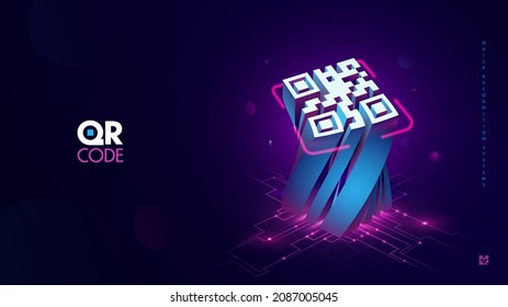 Futuristic blue QR code scanning with light neon effect vector illustration. Quick recognition verification system modern design