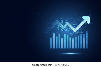 Futuristic blue rise up bar chart with arrow abstract technology background. Economy and financial concept. Stock money profit investment progress