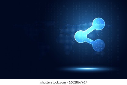 Futuristic Blue Share Link Icon Abstract Technology Background. Artificial Intelligence Digital Transformation And Business Quantum Internet Social Network Communication