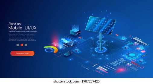 Futuristic blue solar isometric battery, solar panel, renewable energy. A modern 3d graphic concept. Solar panel on the background of charts and indicators. Vector illustration