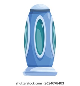 Futuristic blue spaceship with round windows is standing on a launchpad