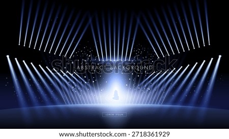 Futuristic blue stage background with bright spotlights and dazzling lights. Elegant and modern abstract design.