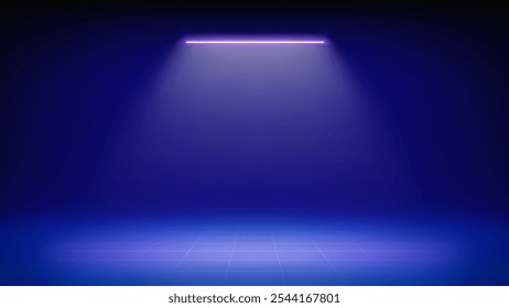 Fondo de escenario azul futurista. Habitación iluminada por neón, moderno foco led, suelo de rejilla. Diseño minimalista del telón de fondo para exhibir productos, presentación, publicidad. Escaparate. Vector